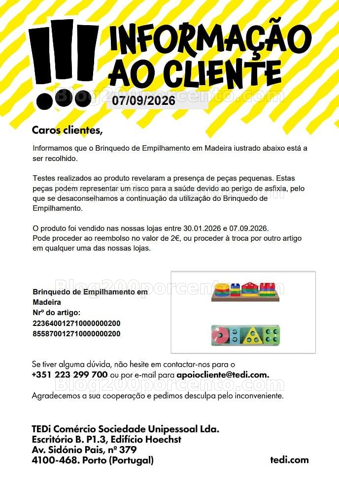 ALERTA - Recolhas em curso TEDI pare de usar e devolva estes artigos!